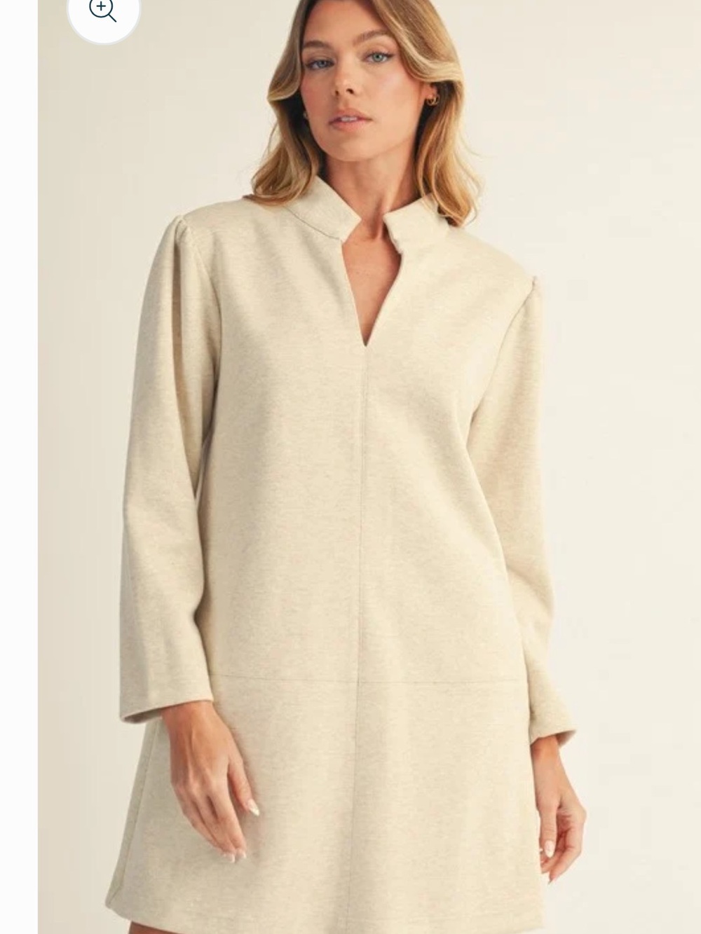 Cream V-Neck Long Sleeve Tunic dress with stand collar